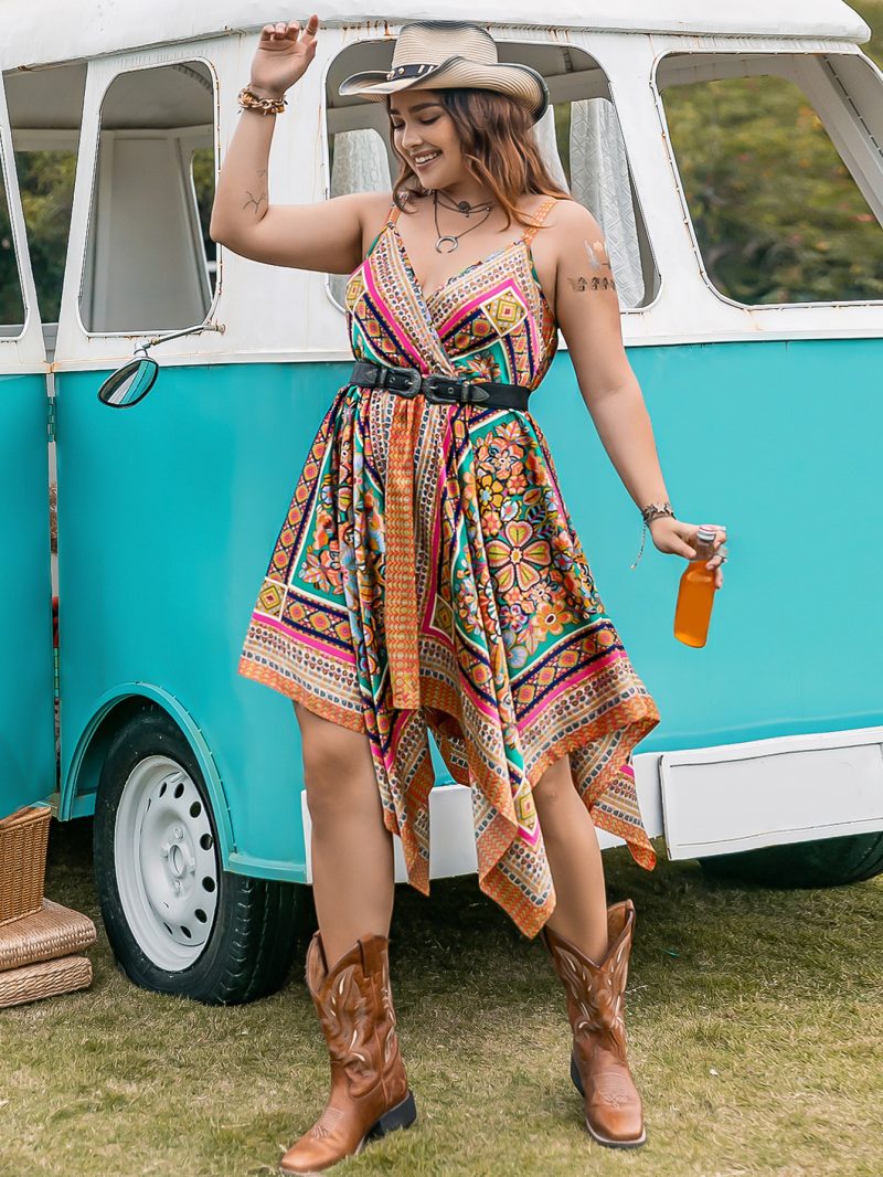 Plus Size Irregular Asymmetric Spaghetti Strap Printed Dress - Image 3