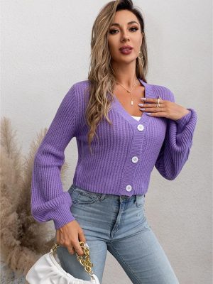 Solid Color Lantern Sleeve Knitted Cardigan