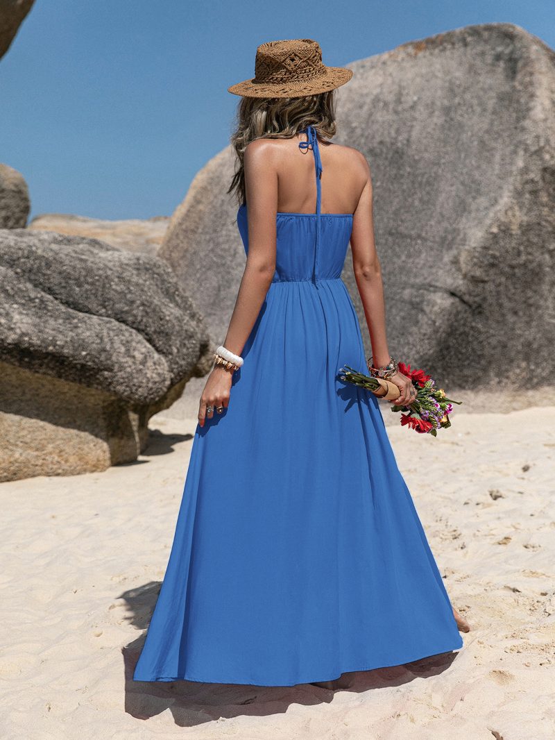 Sultry Sophistication: Sexy Strap Backless Black Slit Mid Dress" - Image 11