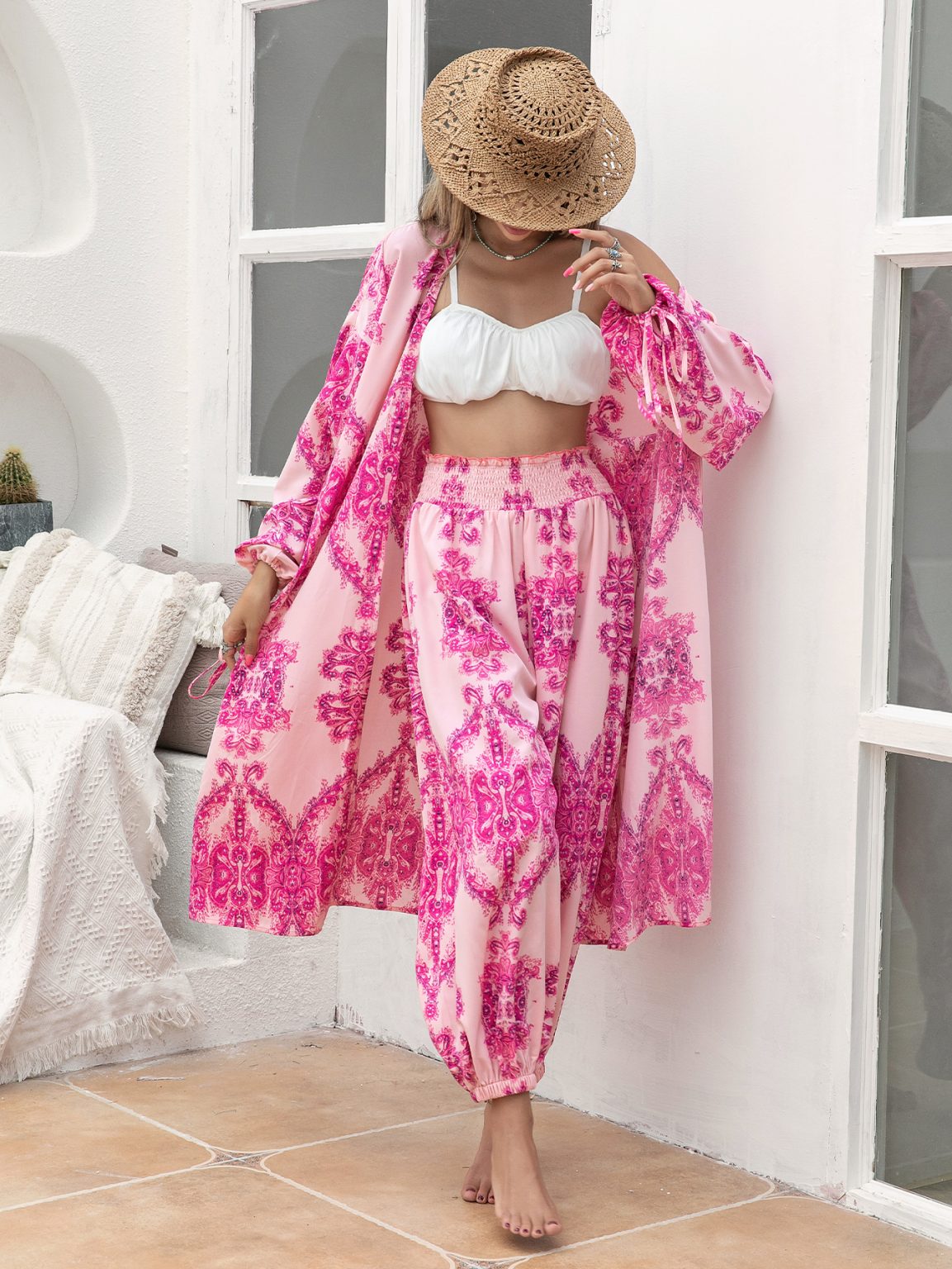 Rose Red Polyester Shawl Shirt and Kimono Pants Suit - Image 2