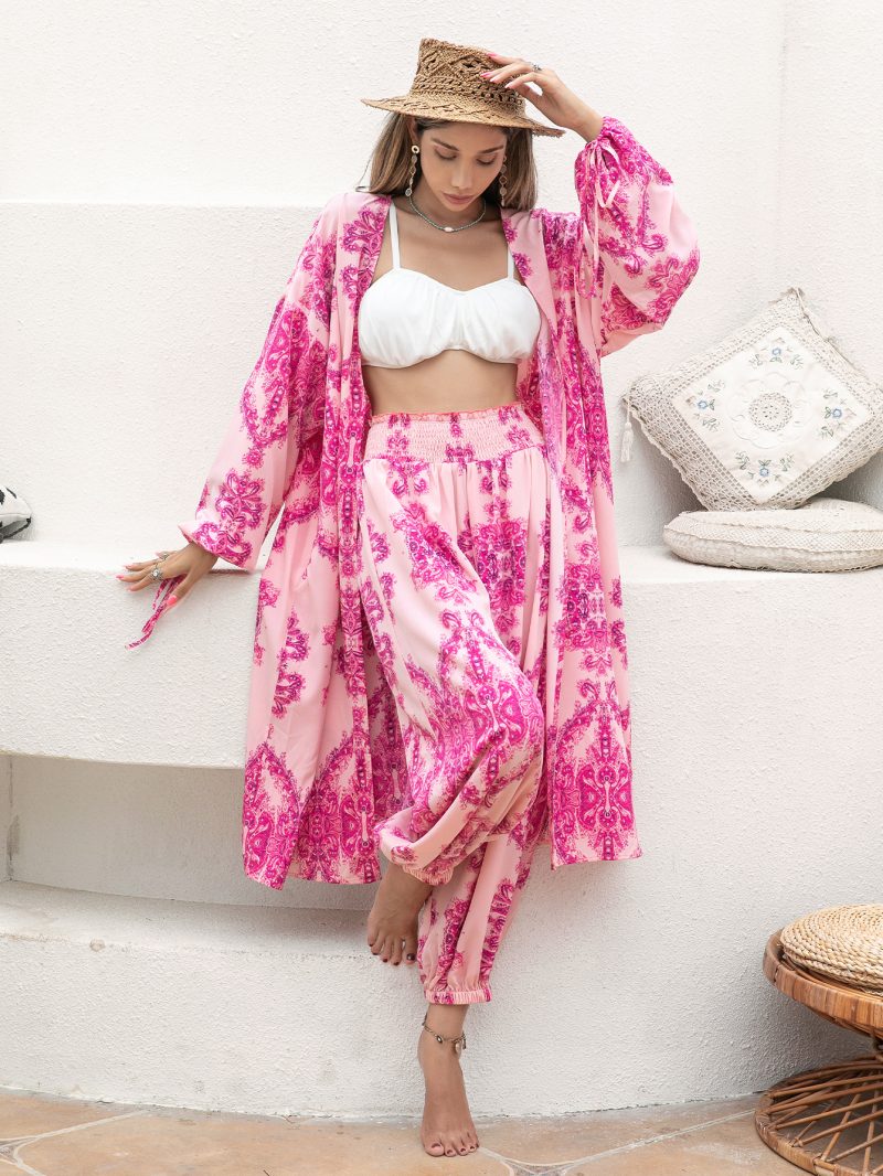 Rose Red Polyester Shawl Shirt and Kimono Pants Suit - Image 3