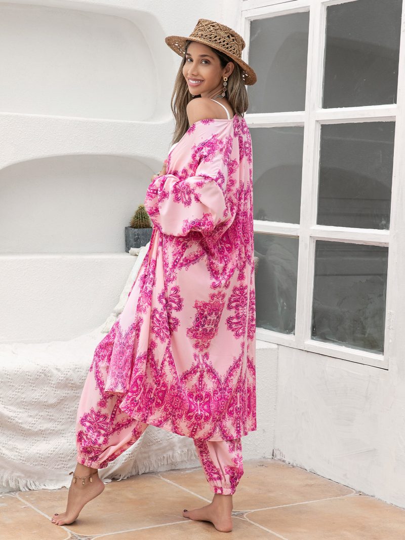 Rose Red Polyester Shawl Shirt and Kimono Pants Suit - Image 4