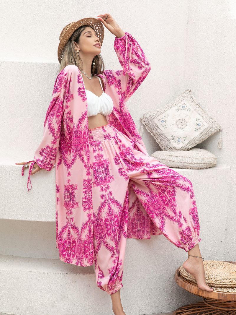 Rose Red Polyester Shawl Shirt and Kimono Pants Suit - Image 5