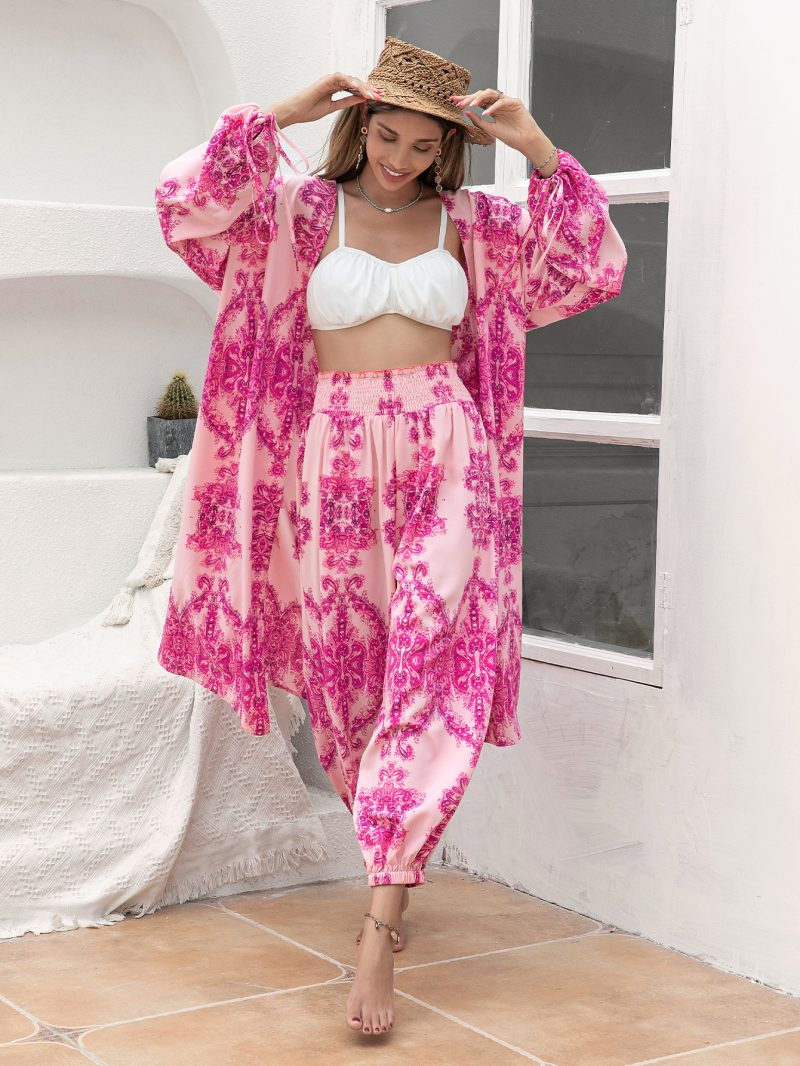 Rose Red Polyester Shawl Shirt and Kimono Pants Suit - Image 6