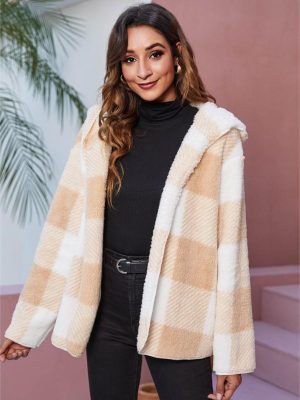 Hooded Plaid Plush Coat