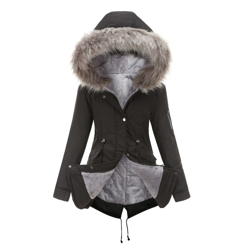 Plus Size Mid-Length Hooded Cotton-Padded Coat with Big Fur Collar - Image 6