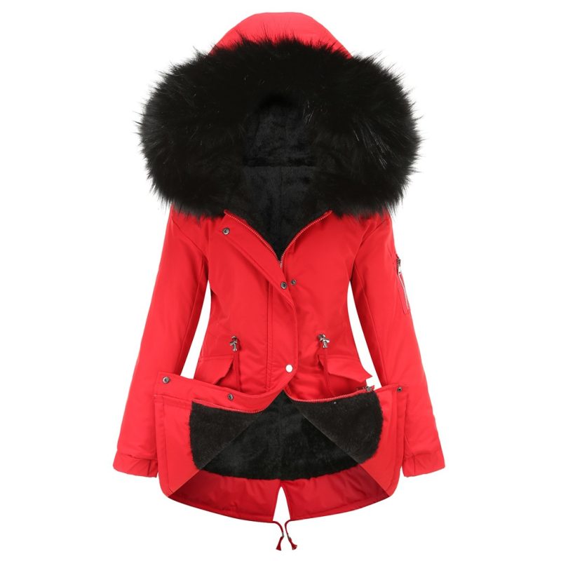 Plus Size Mid-Length Hooded Cotton-Padded Coat with Big Fur Collar - Image 4