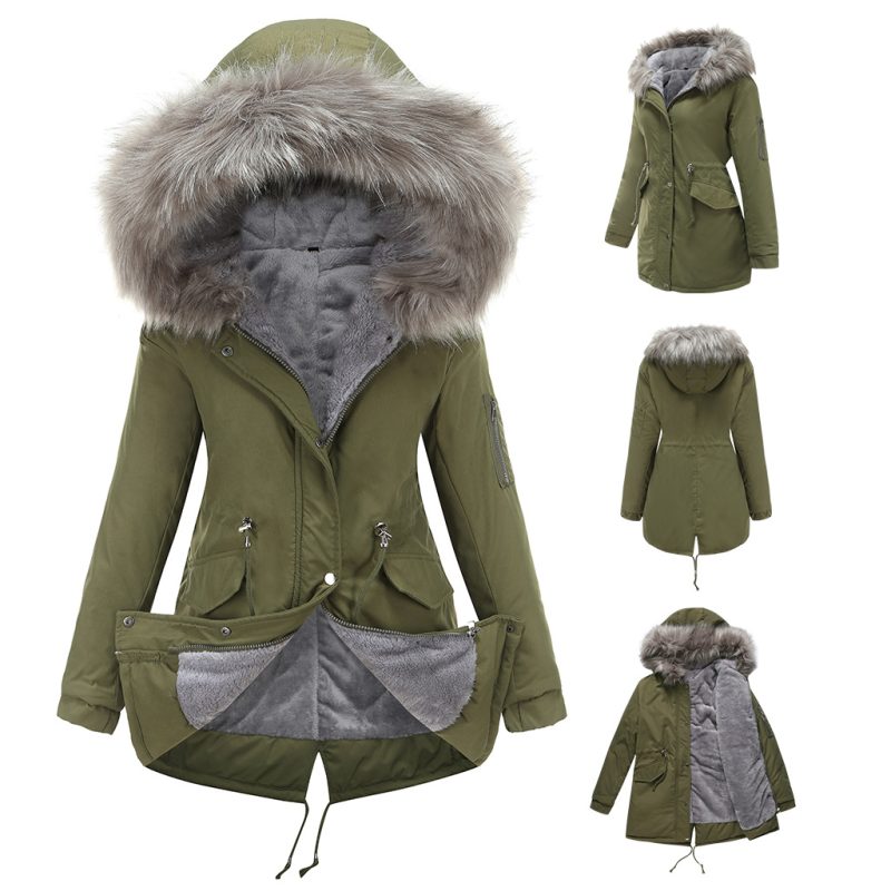 Plus Size Mid-Length Hooded Cotton-Padded Coat with Big Fur Collar - Image 3