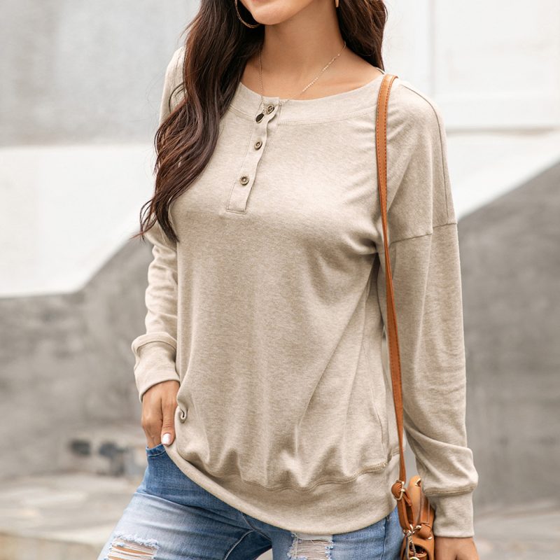 Round Neck Button Long Sleeve T-Shirt - Image 4