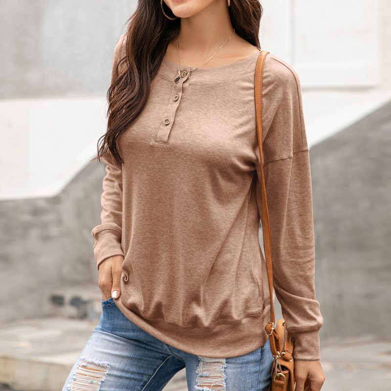 Round Neck Button Long Sleeve T-Shirt - Image 5