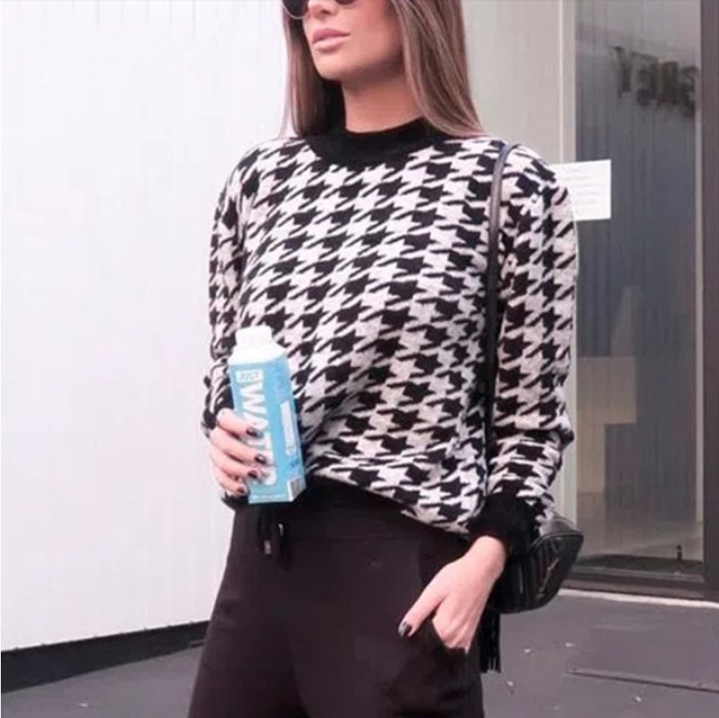 Geometric Abstract Houndstooth Knit Pullover Sweater" - Image 6