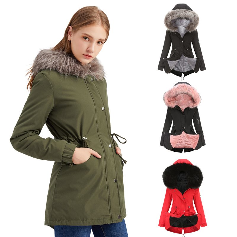 Plus Size Mid-Length Hooded Cotton-Padded Coat with Big Fur Collar - Image 2