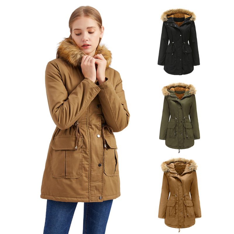Plus Size Hooded Fleece-Lined Coat with Fur Collar - Image 3