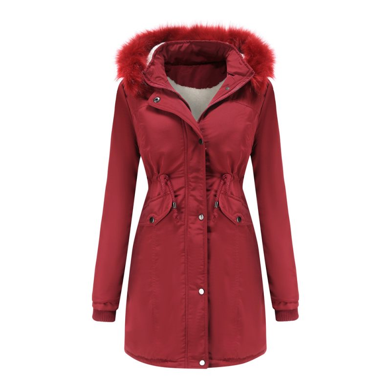 Plus Size Velvet Cotton Coat with Detachable Hat and Big Fur Collar - Image 4