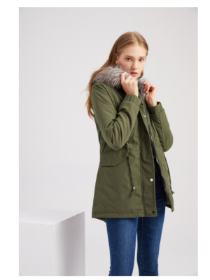 Plus Size Mid-Length Hooded Cotton-Padded Coat with Big Fur Collar