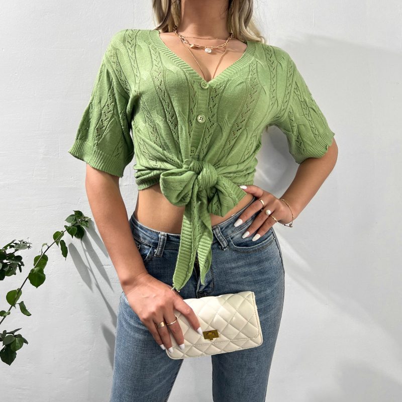 Single-Breasted V-Neck Bow Top for Spring/Summer - Image 7
