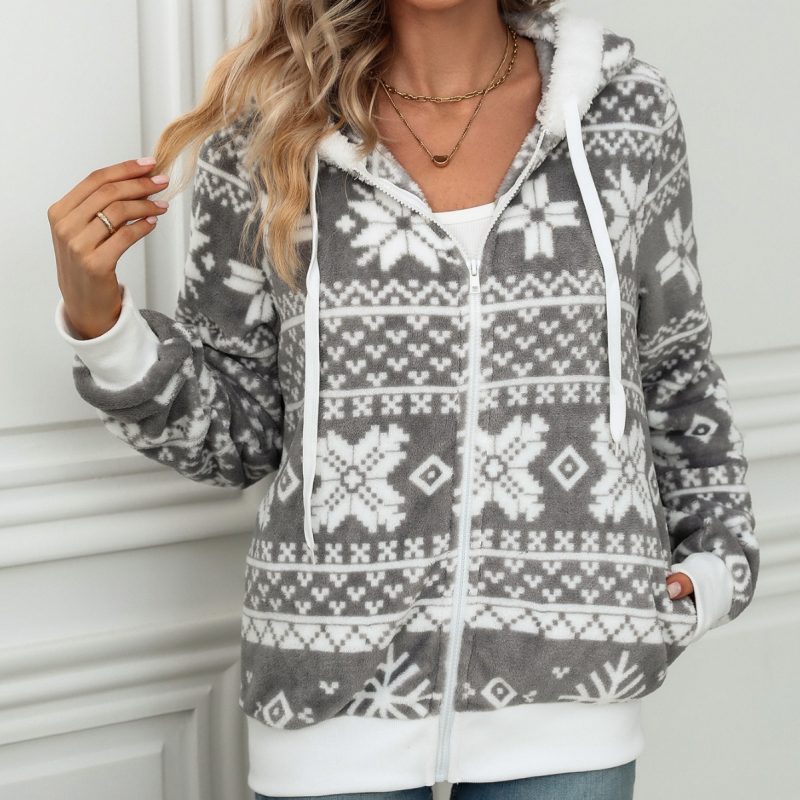 Christmas Printed Plush Hooded Cardigan for Women in Autumn/Winter - Image 2