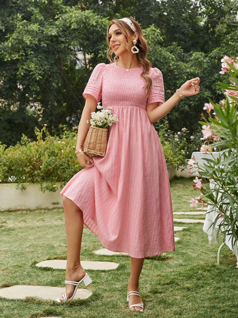 Summer Short Sleeve Pleated Mid-Length Dress for Women - Image 2