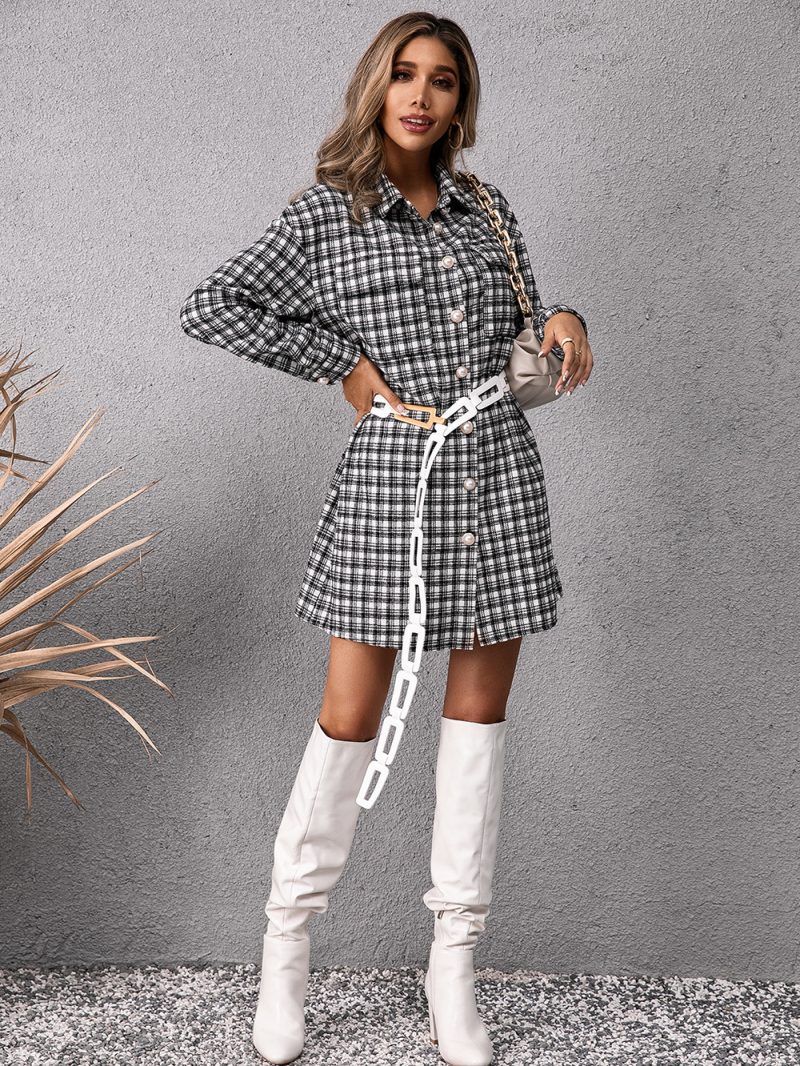 Casual Single Breasted Mid Length Plaid Shacket Shirt Dress - Image 5