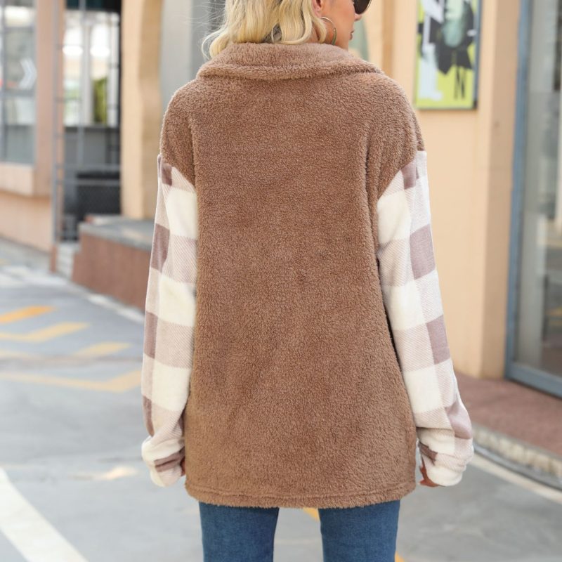 Plush Collared Coat with Long Sleeve Flannel Plaid Detailing - Image 4