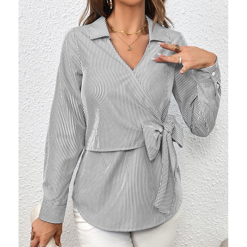Women's Clothing Vertical Stripes Slimming Bundle Long-Sleeved Shirt - Image 2