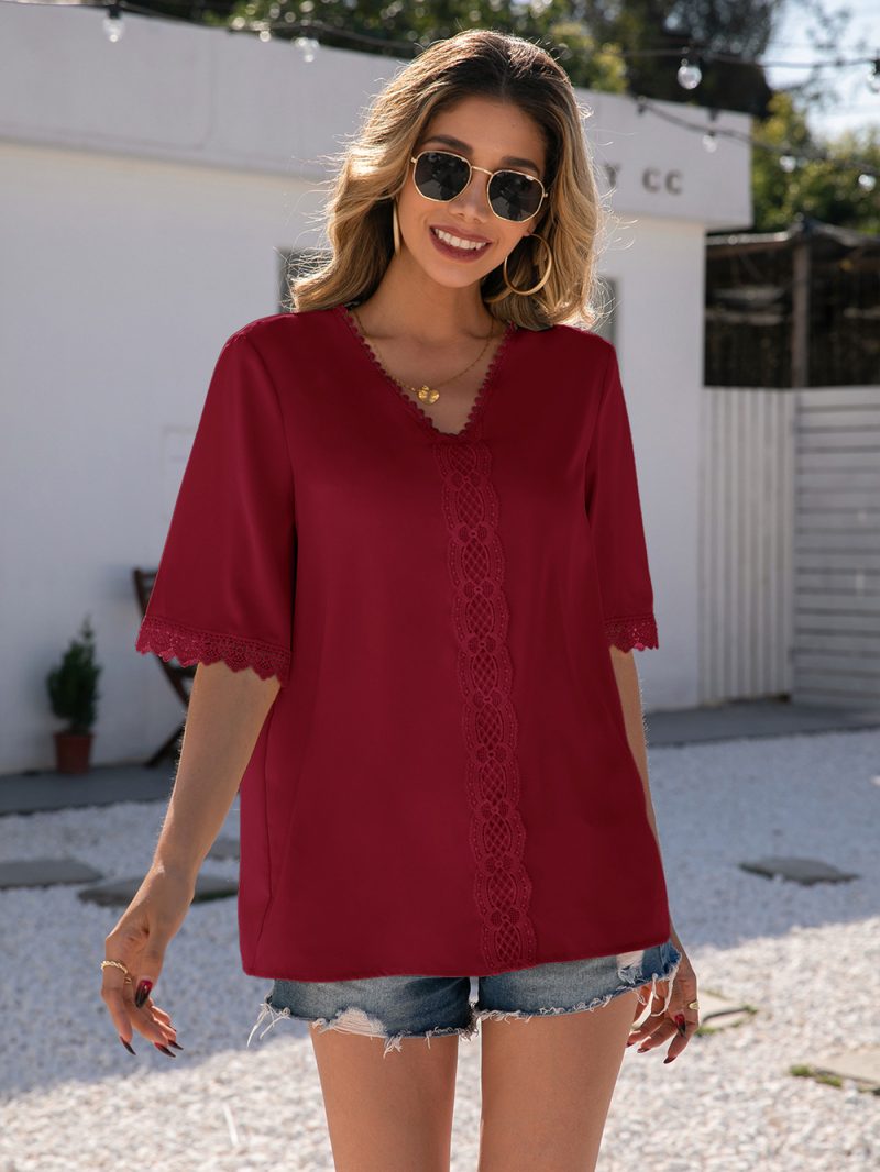 Elegant Lace V Neck Short Sleeve Shirt - Image 6