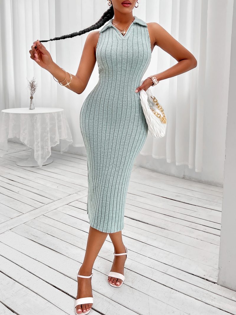 Solid Color Collared Sleeveless Dress - Image 2