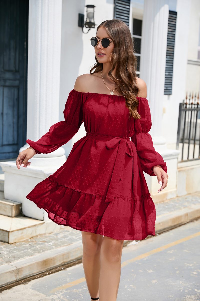 Off-Shoulder Long Sleeve Dress with Fur Ball Details and Belt - Image 3