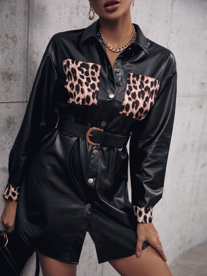 Print Splicing Mid-Length Faux Leather Trench Coat - Image 2