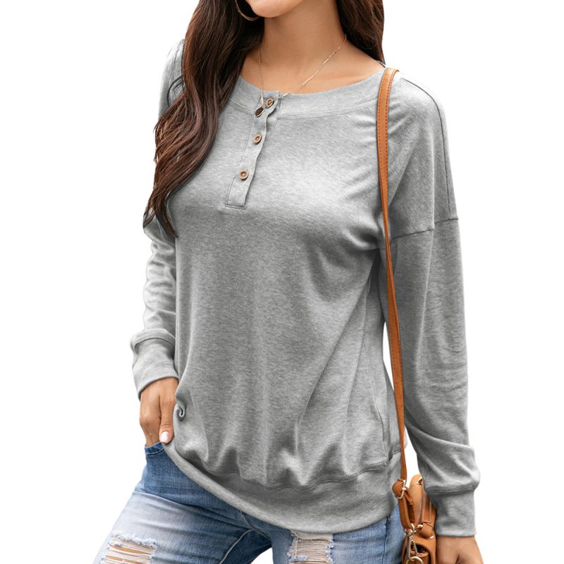 Winter Round Neck Long Sleeve Button T-Shirt - Image 4