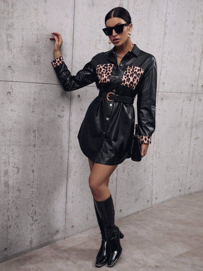 Print Splicing Mid-Length Faux Leather Trench Coat - Image 3