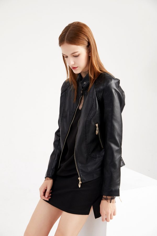 Stand Collar Faux Leather Jacket for Women - Image 4