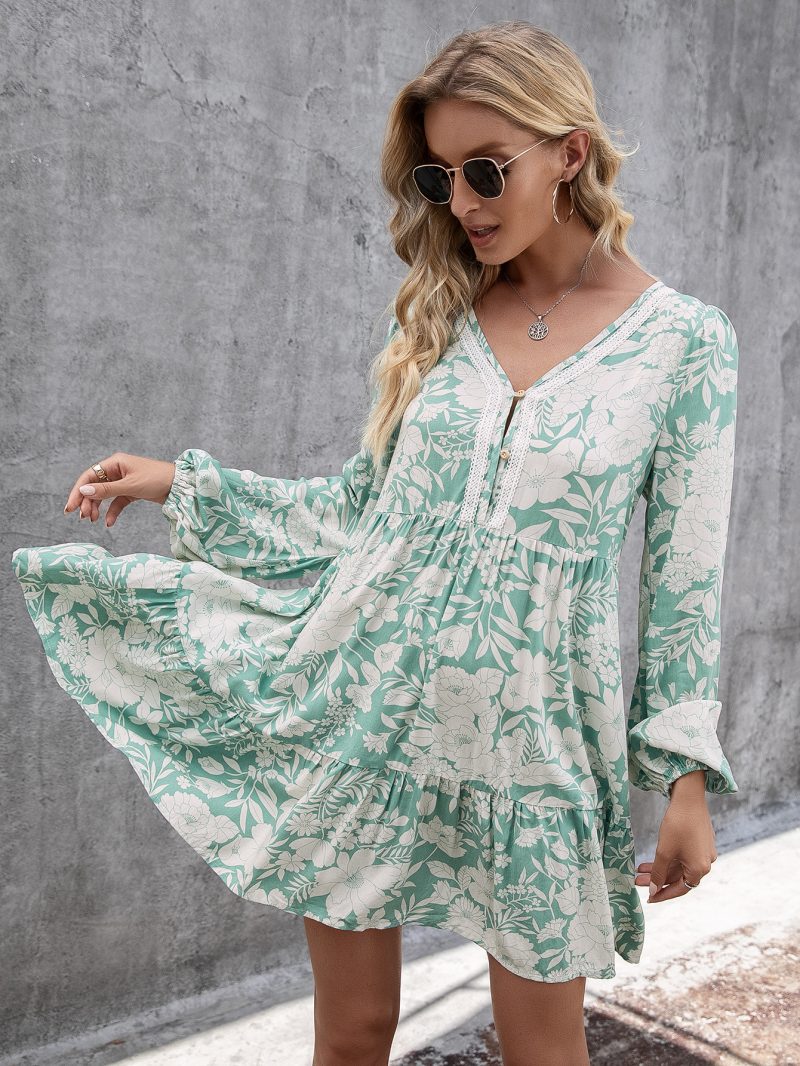 Floral Lace Splicing V-Neck Dress - Image 2