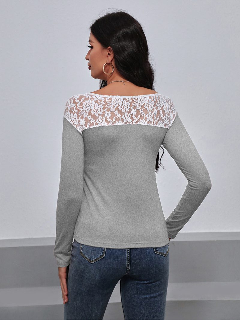 Lace Patchwork Round Neck Long Sleeved T Shirt - Image 6