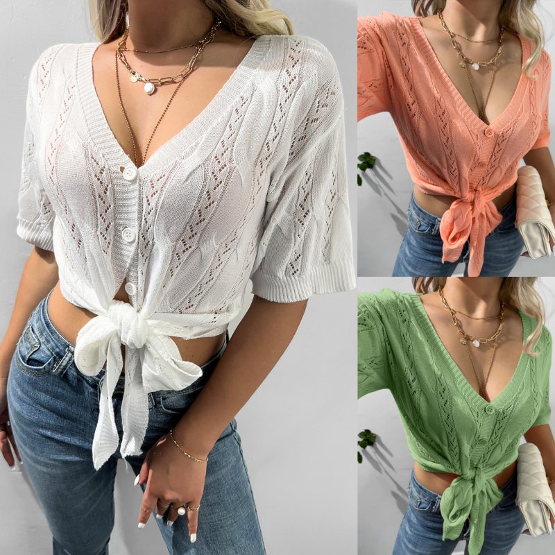 Single-Breasted V-Neck Bow Top for Spring/Summer - Image 4