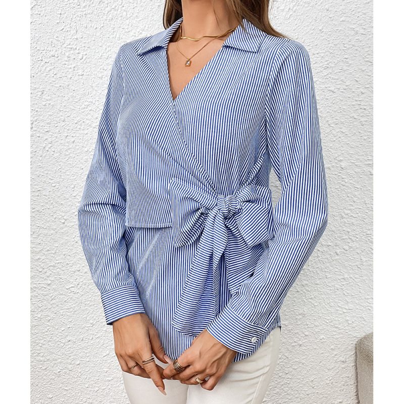 Women's Clothing Vertical Stripes Slimming Bundle Long-Sleeved Shirt - Image 3