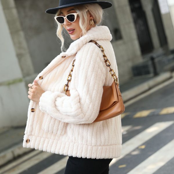 Women's Single-Breasted Striped Plush Coat - Image 4