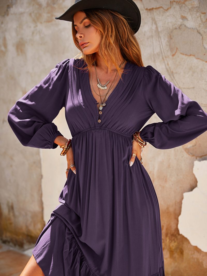 Solid Color Stripes Lantern Sleeve Holiday Dress - Image 6