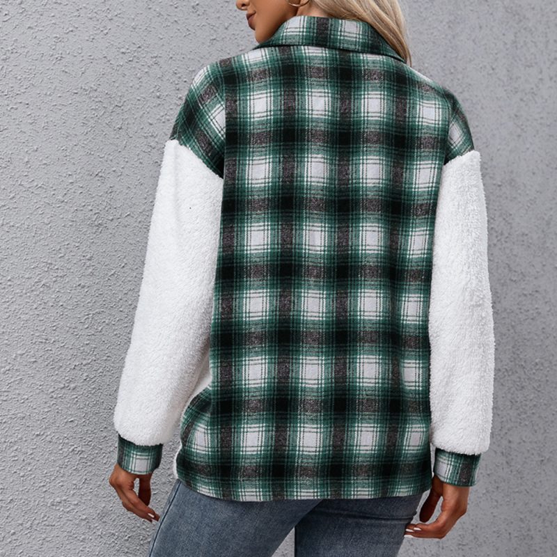 Cashmere Color Block Long Sleeve Plush Plaid Shacket - Image 3