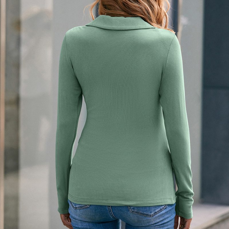 Slim V-Neck Knitted Long Sleeve Striped Shirt - Image 3