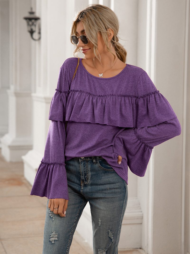 Summer Ruffled Stitching Long Sleeve Mid-Length T-Shirt - Image 4