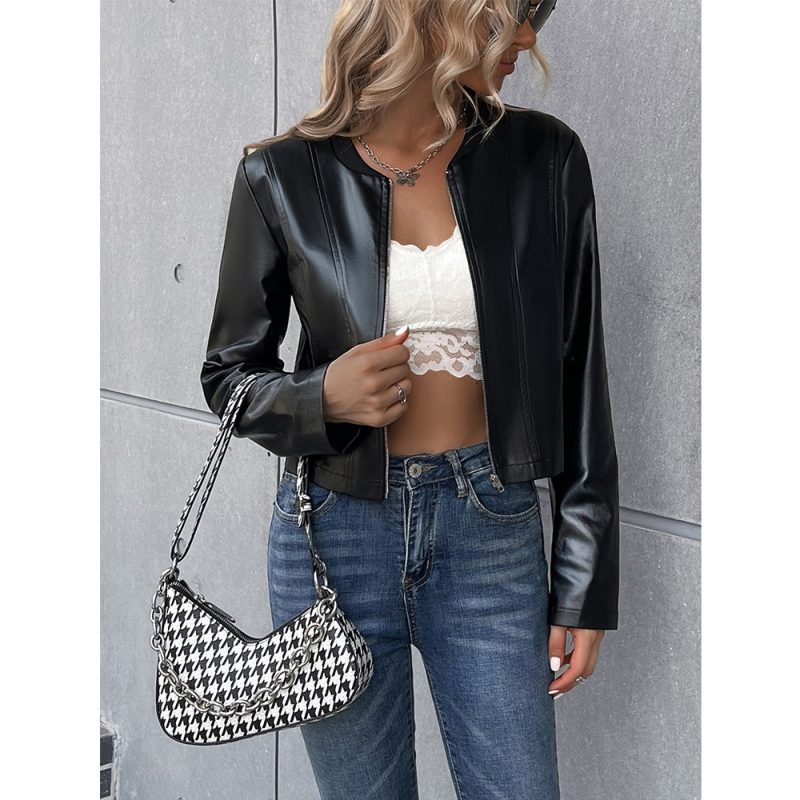 Chic Faux Leather Zip Cardigan for Women - Image 2