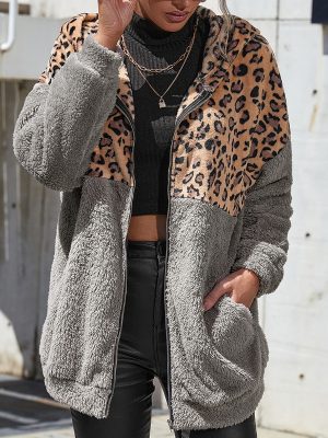 Leopard Splicing Double-Sided Fleece Hooded Cardigan