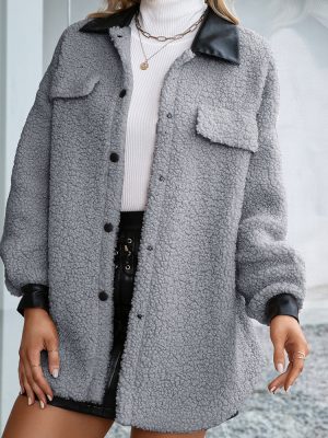 Small Teddy Collared Plush Faux Leather Trench Coat for Women