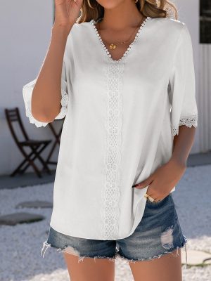 Elegant Lace V Neck Short Sleeve Shirt