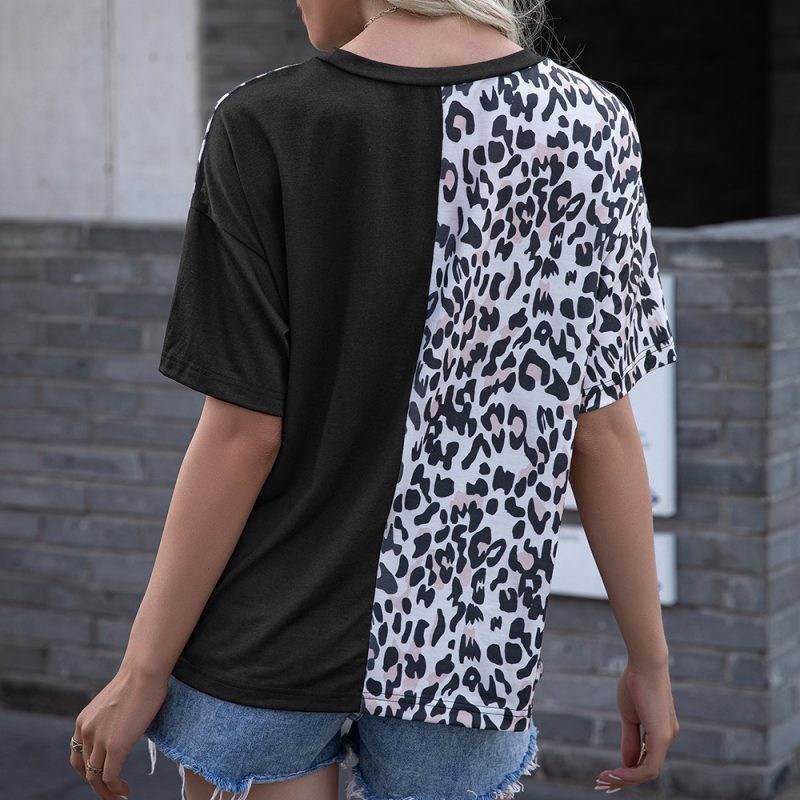 Tops Leopard Print Stitching round Neck Short-Sleeved T-shirt - Image 3