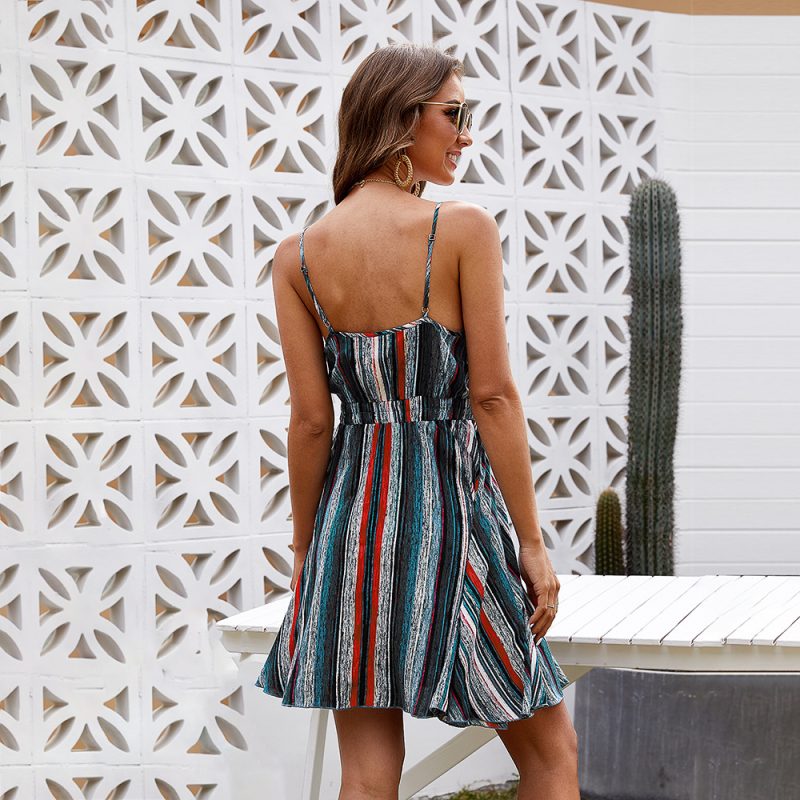 Rainbow Striped Wrap V-neck Spaghetti Strap Elastic Tank Dress - Image 3