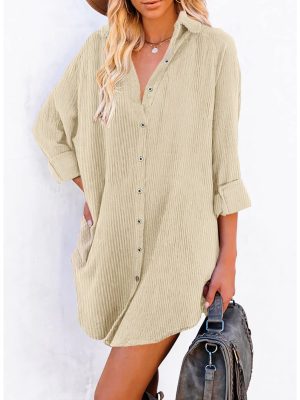 Long-Sleeved Oversized Corduroy Shirt Dress with Button Detail for Women