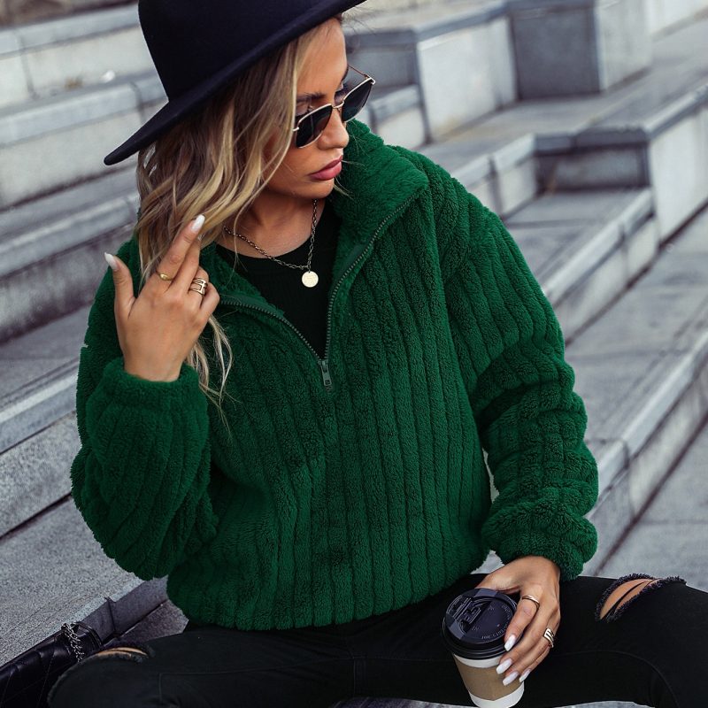Collared Vertical Bar Half Zipper Plush Sweatshirt - Image 3