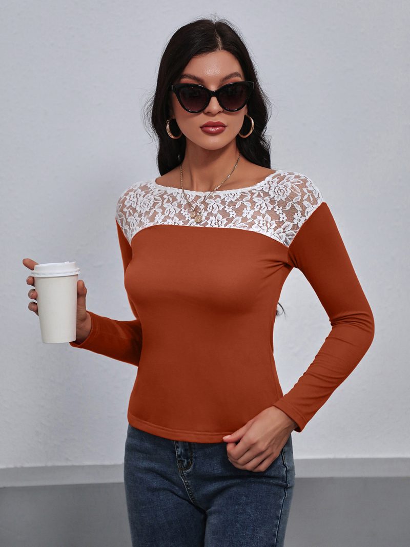 Lace Patchwork Round Neck Long Sleeved T Shirt - Image 3